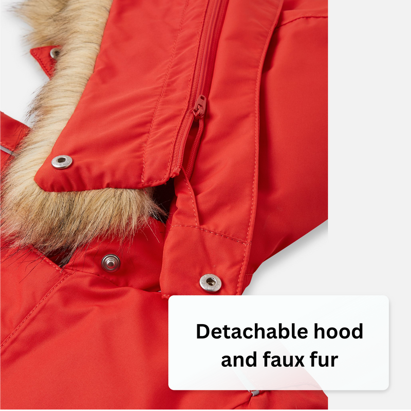 detachable hood and faux fur on red snowsuit