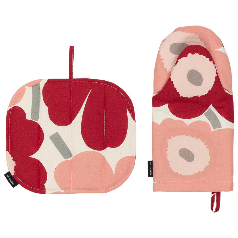 Marimekko Pieni Unikko Pot Holder & Oven Mitt Set, cotton/dk.cherry/rose