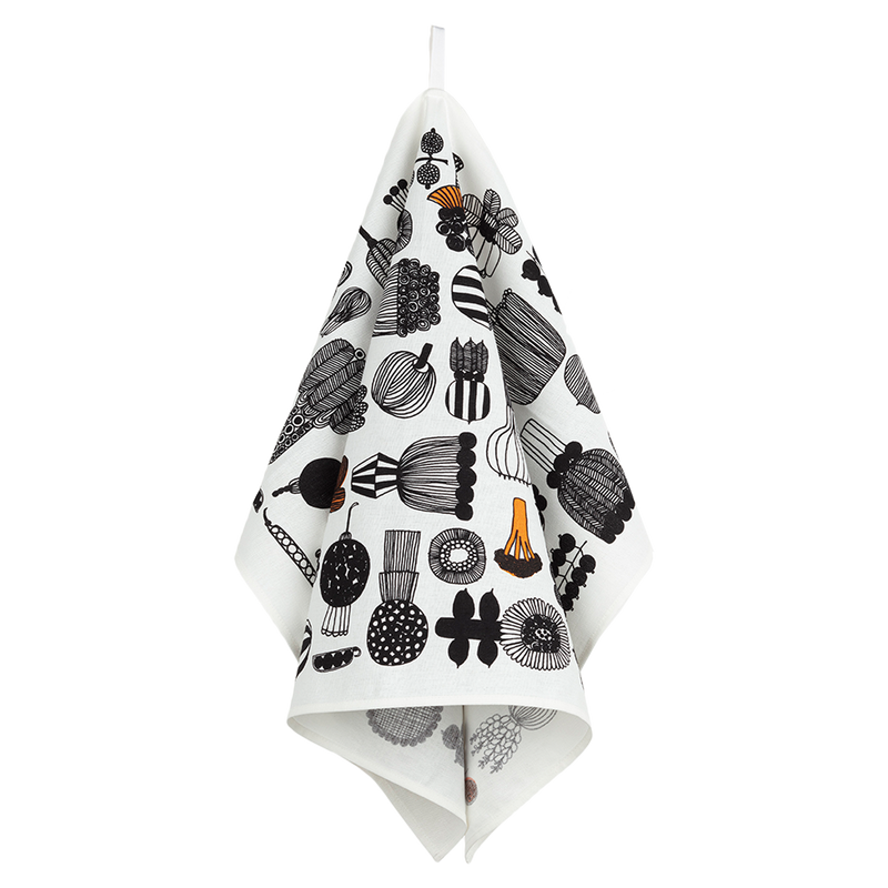 Marimekko Puutarhurin Parhaat Kitchen Towel, white/black/orange