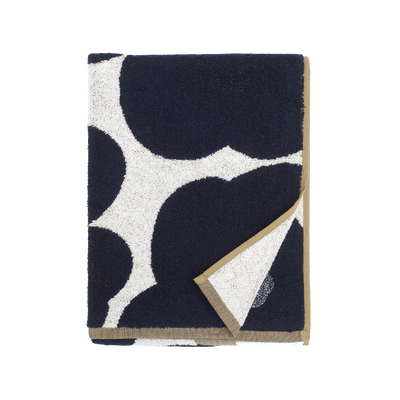 Folded up Marimekko Unikko Hand Towel, gold/white/dark blue