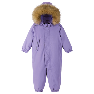 faux fur hood with lilac snowsuit