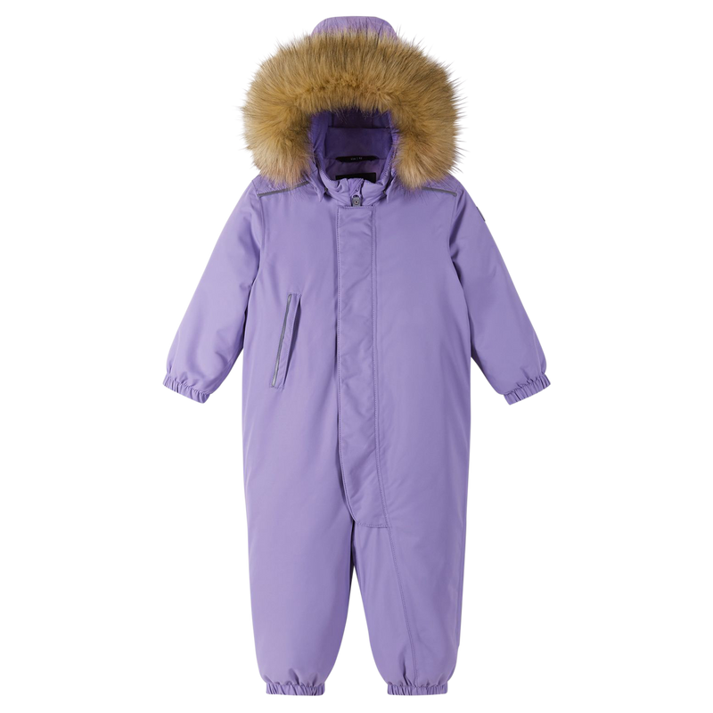 faux fur hood with lilac snowsuit