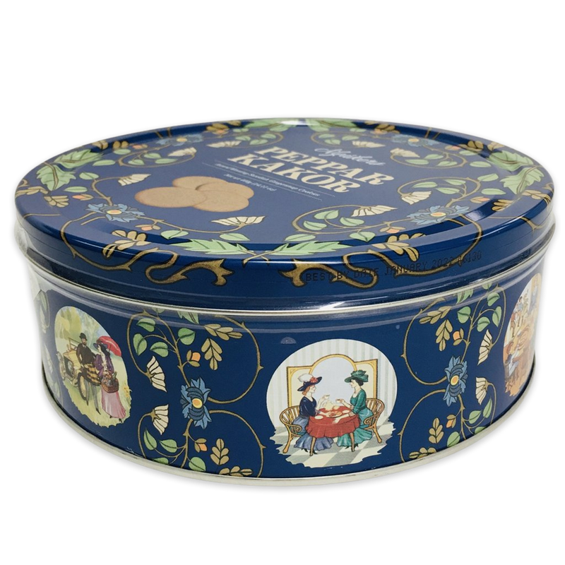 side view of Nyakers Swedish Gingersnap Cookie Tin Blue (400g)